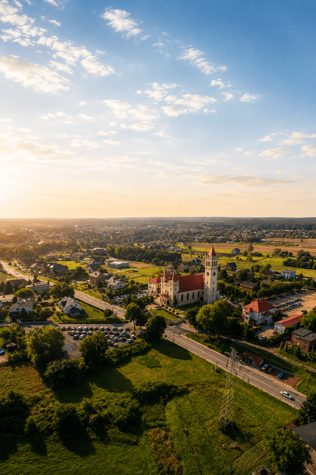 Panorama Jejkowic z lotu ptaka — kościół, zabudowa i pola o zachodzie słońca
